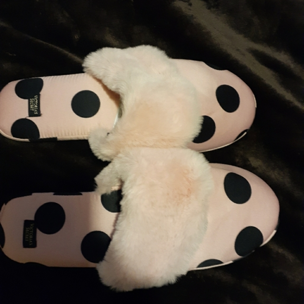 Victoria Secret pink and black polka dot house shoes